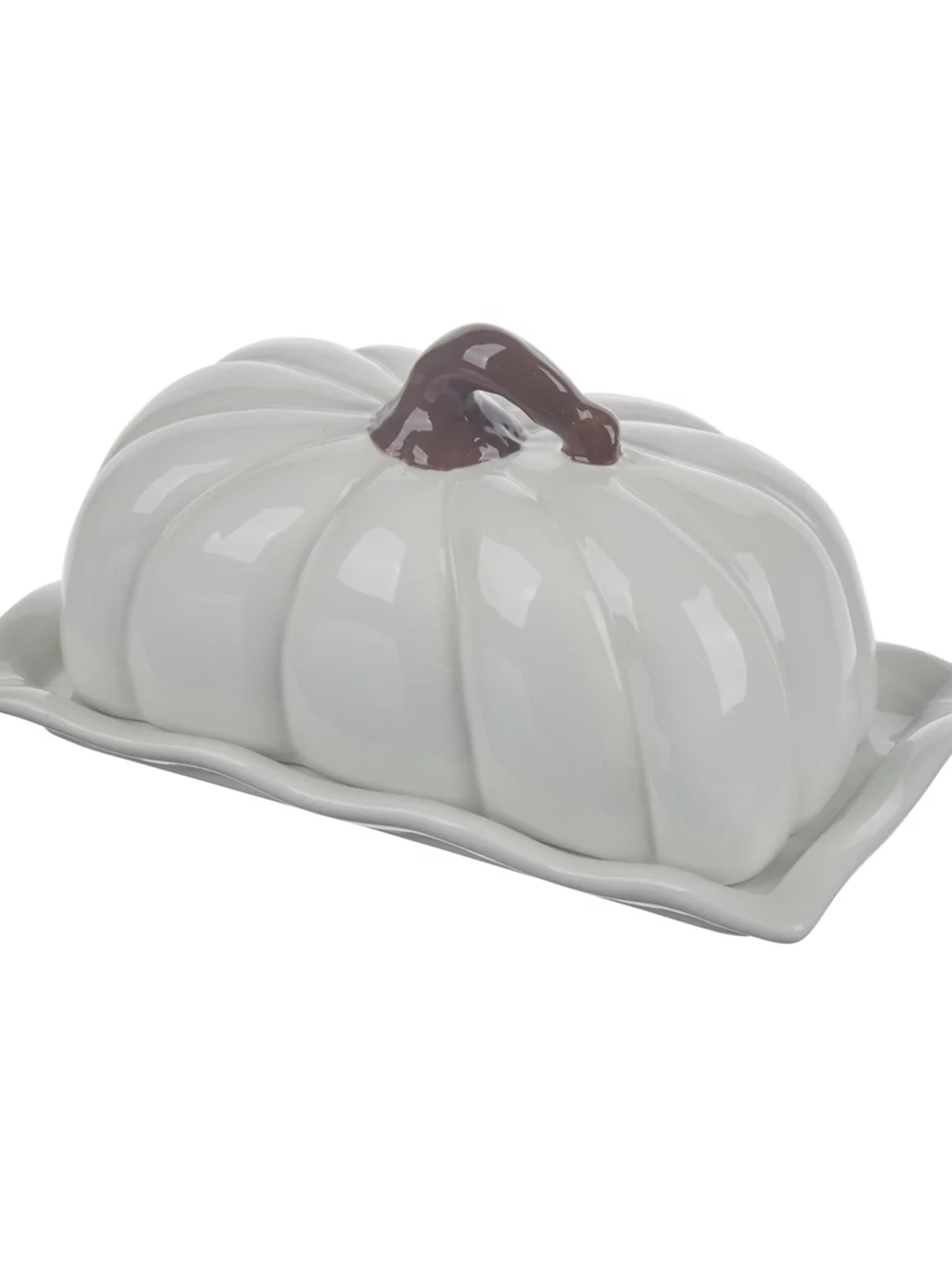 Ceramic Pumpkin Butter Dish - White with Brown Stem